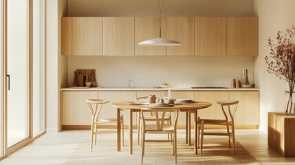 Poster - Modern wooden kitchen and dining area with natural light
