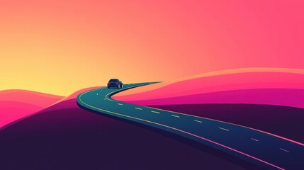 Poster - A small car travels along a curved road, surrounded by colorful hills at sunset that create a tranquil and scenic atmosphere. Generative AI