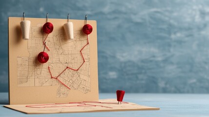 A vintage map with red wax seals and twine, pinned to a textured backdrop, evokes a sense of adventure and nostalgia.