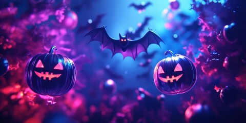 Mystical halloween night scene with glowing jack-o'-lanterns and bats