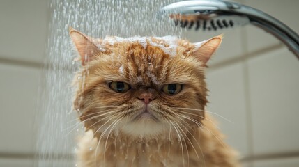 Poster - Cat in Shower with Water Splashing on Its Fur