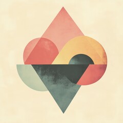 Poster - Colorful abstract shapes of circles and triangles are layered on a soft pastel background, creating a harmonious and serene composition. Generative AI