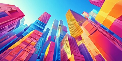 Modern city buildings with abstract shapes, drawn in 3D