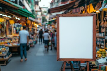 Blank white advertising banner about restaurant entrance on sunset city street background, mockup.