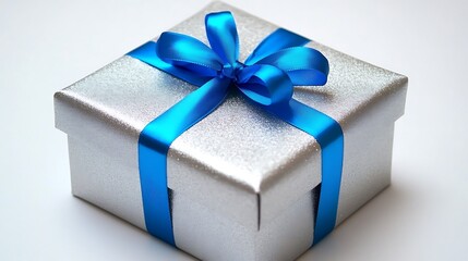 Wall Mural - Small square gift box wrapped in silver paper, with a blue ribbon on a white background