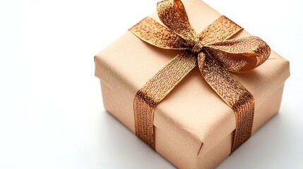 Wall Mural - Tiny gift box with metallic wrapping and a ribbon, sitting on a bright white background