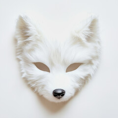 a white fox fur half mask displayed on a pristine white surface for quadrobics in a minimalist subcu