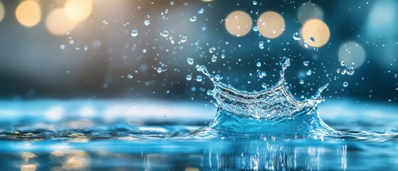 Poster - Sparkling Droplets. A Macro View of Water Splashes on a Blue Surface