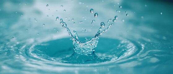 Poster - Sparkling Droplets. A Macro View of Water Splashes on a Blue Surface