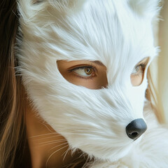 Detailed white fox fur half mask worn during a quadrobics event, showcasing subculture influences and unique style