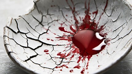 Cracked White Dish with Red Liquid Splashes