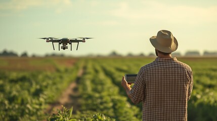 Canvas Print - New technologies in old industries. Farmer controls drone