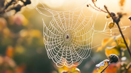 Dewy Spider Web in Autumn Nature