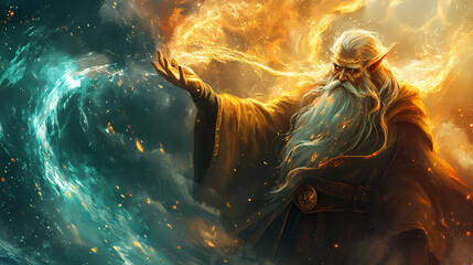 Powerful wizard conjuring mystical energy, ancient sorcerer wielding magic in stormy landscape, fantasy illustration of bearded mage controlling ethereal forces. Elemental Wizard. Illustration