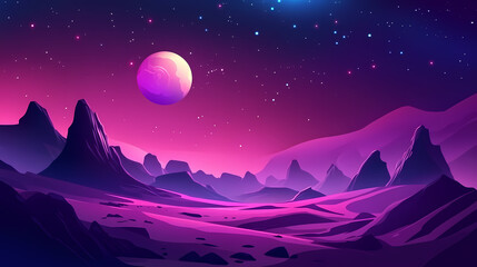 mystical alien planet landscape with glowing moon and starry night sky. alien skies. illustration