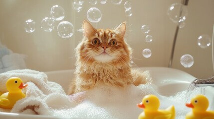Poster - Playful Cat Enjoying a Bubble Bath