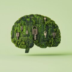 Poster - Abstract Human Brain with Circuit Elements and Locks, 3D illustration