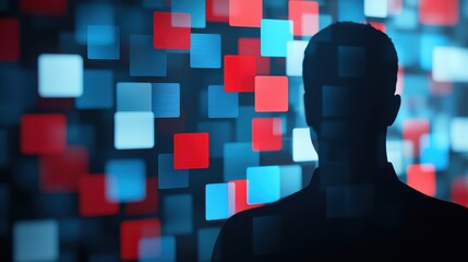 Poster - A striking silhouette of a human figure against a vibrant, abstract background of floating layers, evoking themes of privacy and technology. Ideal for modern design projects., 3D illustration