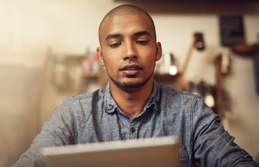 Aufkleber - Business owner, typing and man in shop, tablet and internet with connection, online reading and reviews. Person, entrepreneur and employee with digital app for invoice, network and email notification