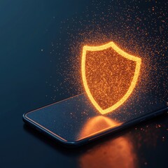 Poster - Smartphone with Glowing Shield Hovering Above, 3D illustration