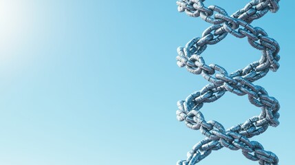 Poster - An artistic illustration of a DNA strand wrapped in layers, showcasing a creative representation of genetics and molecular biology against a clear blue background., 3D illustration