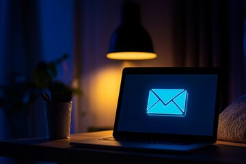 Poster - Blue Email Icon on Laptop Screen in Dimly Lit Room