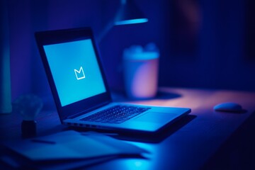 Poster - Laptop with Email Icon on a Desk Under Blue Light