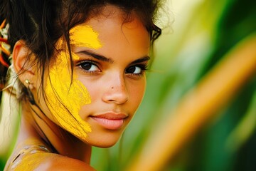 Beautiful brazilian woman wearing colorful costume smiling at carnival