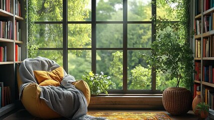 Poster - This warm, inviting corner showcases a cozy seat and abundant plants bathed in natural light.