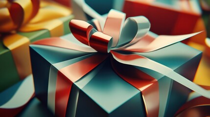 Aufkleber - Vibrant shapes mimic wrapped gift boxes adorned with ribbons and bows, creating a cheerful atmosphere ideal for holidays or celebrations. Generative AI