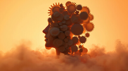 human silhouette with head made of glowing gears emerges from misty background, symbolizing creativity and innovation. warm colors evoke sense of inspiration and wonder