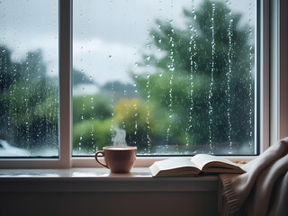 Cozy moments by the rainy window with steam rising from a warm cup and an open book inviting daydreams