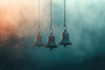 Poster - Three Brass Bells Hanging in Smoky Air