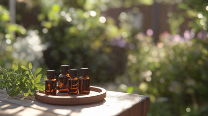 Wall Mural - Bottles of aromatherapy essential oil outdoors in a garden in summer