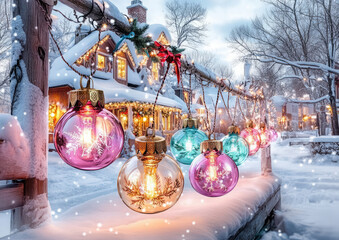 Enchanting Christmas decorations with glowing ornaments in a snowy winter village, festive holiday lights and cozy atmosphere
