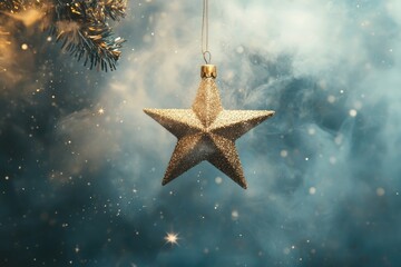 Sticker - Golden Star Ornament Hanging Against a Dusty Blue Background