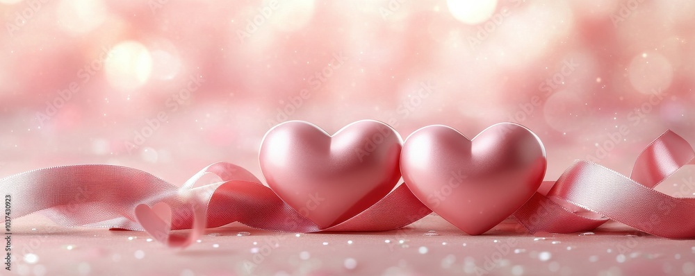 Romantic scene with floating pink hearts and ribbon conveying love and ...