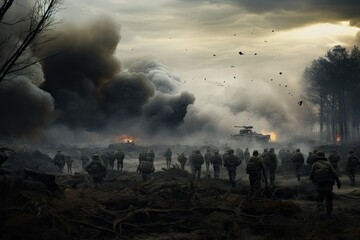 Amidst swirling smoke and fires soldiers navigate a devastated terrain illustrating the heavy impact of conflict in an uncertain battleground at dusk