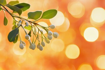 Wall Mural - Delicate White Buds on a Branch with a Blurred Orange Background