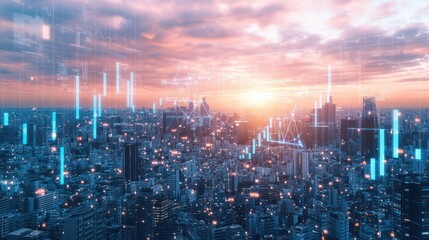 Poster - Cityscape with Financial Charts at Sunset