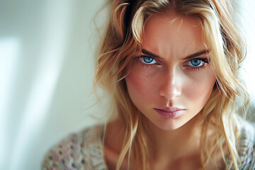 A close-up portrait of a pretty young woman with blonde hair and striking blue eyes and freckles, radiating a discontented emotion