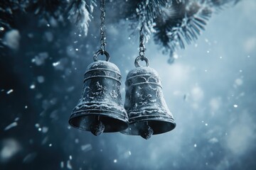 Canvas Print - Two Bells Covered in Snow Hanging from a Tree Branch