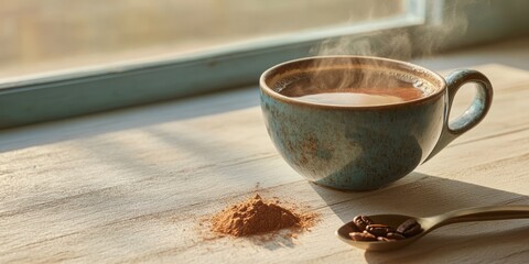 Morning coffee in rustic cup by sunlit window with coffee grounds and beans on wooden table