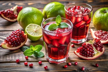 Pomegranate juice in a glass with lime added