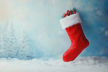 Poster - Red Christmas Stocking Hanging Against Wintery Blue Background