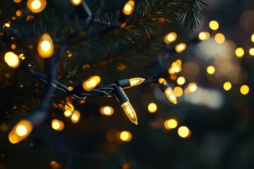 Poster - Bright, warm Christmas lights twinkle softly against a dark background, creating an inviting and festive atmosphere for celebrations. Generative AI