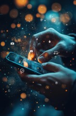 Poster - Close-up of hands interacting with a futuristic mobile device interface with digital network icons in blue and orange lights