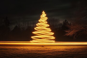 Poster - Light Painting of a Christmas Tree in a Dark Forest