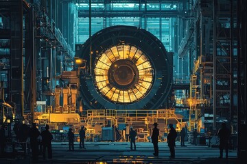 Poster - Large industrial factory interior with machinery and workers in a dimly lit, atmospheric setting