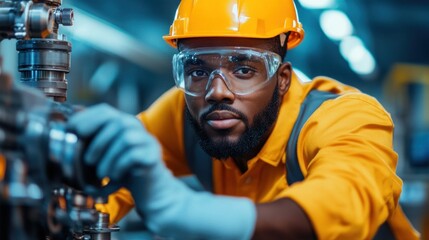 A technician in an orange shirt and hard hat works diligently on industrial machinery, showcasing his expertise and commitment to safety and precision in the operations